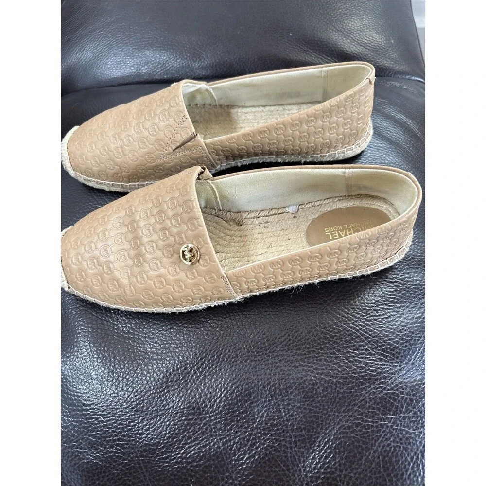 Michael Kors Kendrick Leather Logo Slip On Dark Sand Espadrille Flats Size 8.5